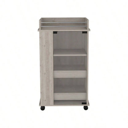 Bar Cart with Two - Side Shelves, Glass Door and Upper Surface, Light Gray