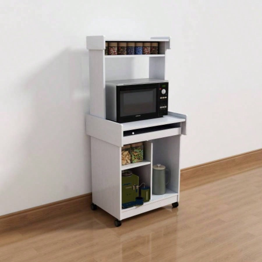 Microwave Cart Coffee Station Computer Cart on locking castors hutch gliding shelf White color