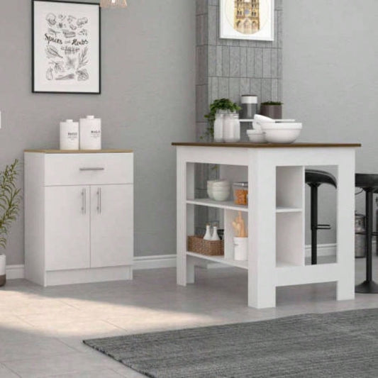 2 Piece Kitchen Set, Kitchen Island+ Pantry Cabinet, White/Walnut/Light Oak