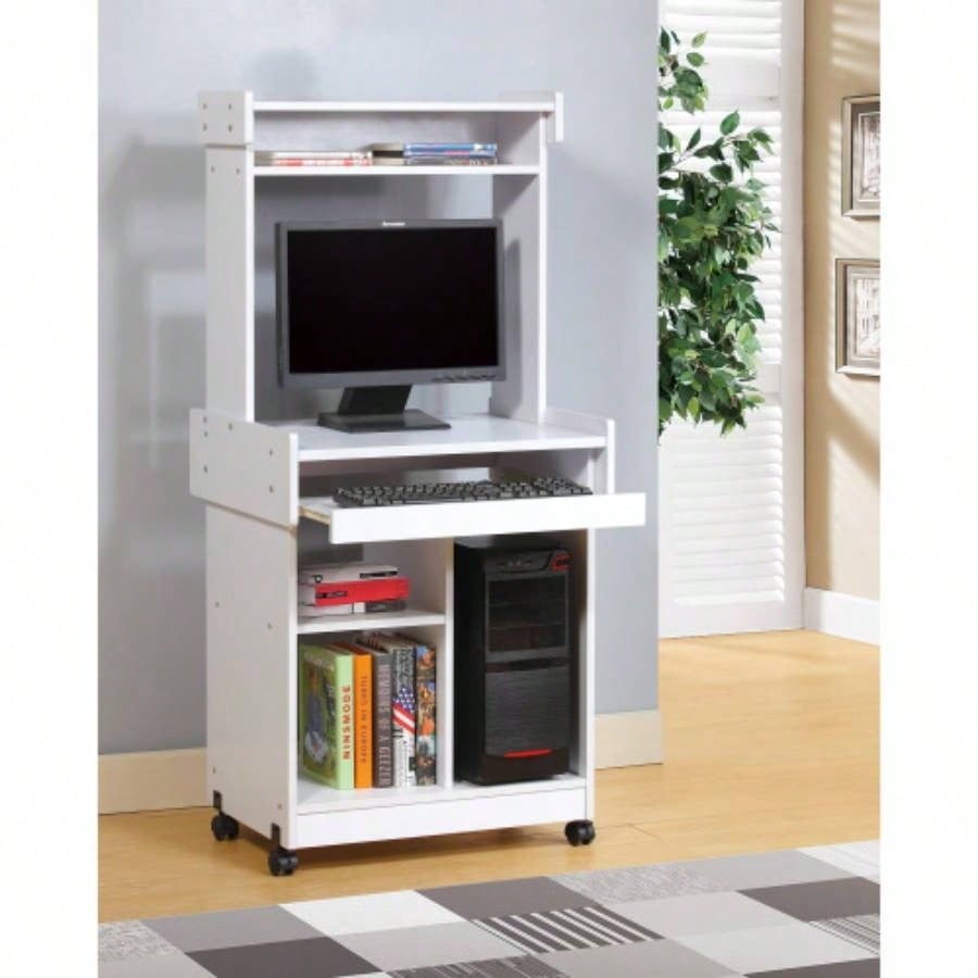 Microwave Cart Coffee Station Computer Cart on locking castors hutch gliding shelf White color