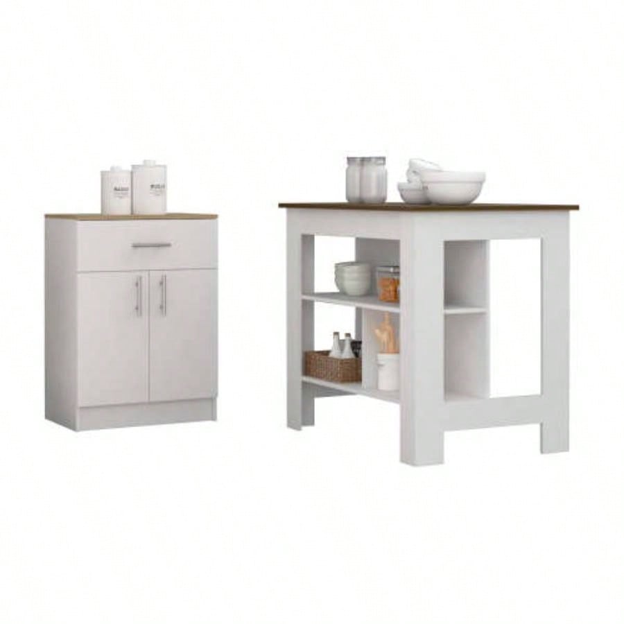 2 Piece Kitchen Set, Kitchen Island+ Pantry Cabinet, White/Walnut/Light Oak