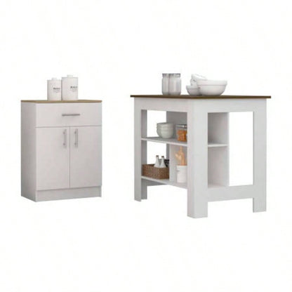 2 Piece Kitchen Set, Kitchen Island+ Pantry Cabinet, White/Walnut/Light Oak
