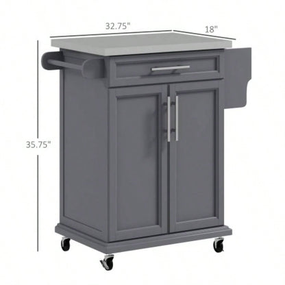 HOMCOM Kitchen Island on Wheels, Rolling Kitchen Cart with Stainless Steel Countertop, Drawer, Towel Rack and Spice Rack, Utility Storage Trolley, Gray