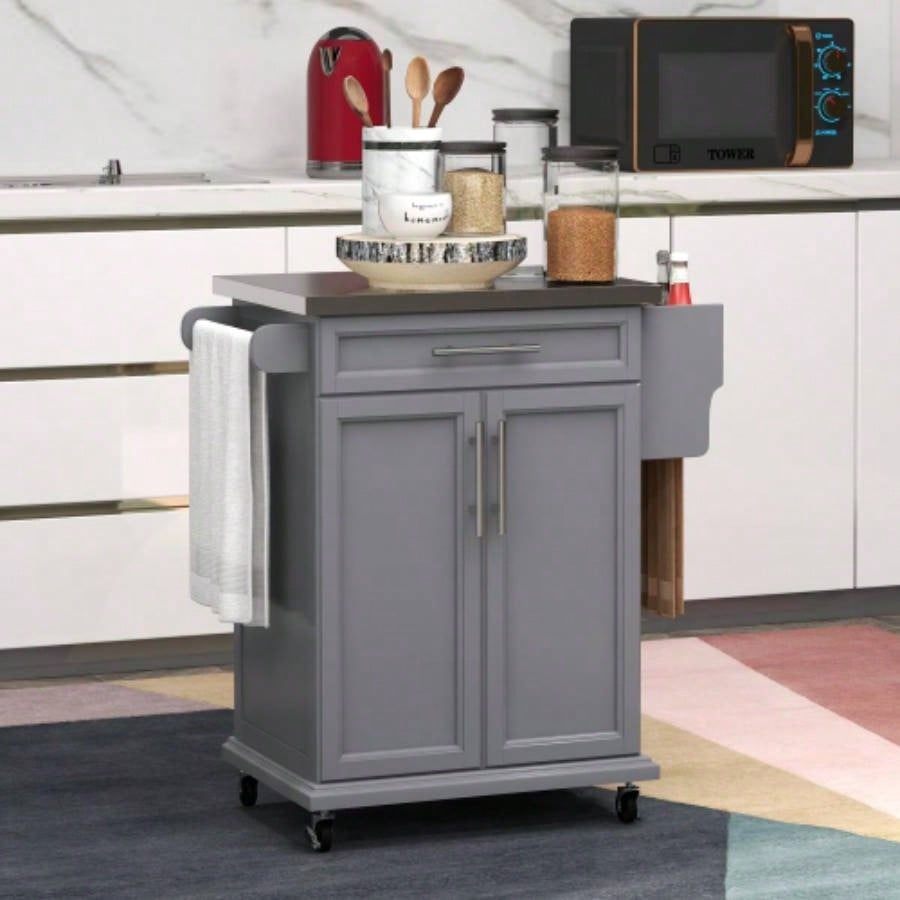 HOMCOM Kitchen Island on Wheels, Rolling Kitchen Cart with Stainless Steel Countertop, Drawer, Towel Rack and Spice Rack, Utility Storage Trolley, Gray