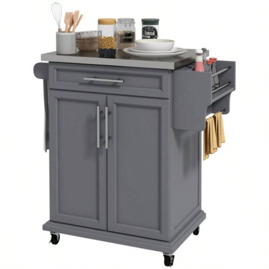 HOMCOM Kitchen Island on Wheels, Rolling Kitchen Cart with Stainless Steel Countertop, Drawer, Towel Rack and Spice Rack, Utility Storage Trolley, Gray