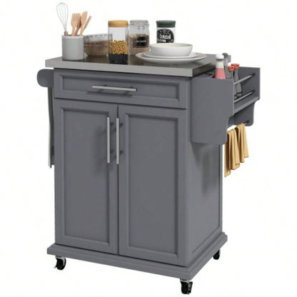 HOMCOM Kitchen Island on Wheels, Rolling Kitchen Cart with Stainless Steel Countertop, Drawer, Towel Rack and Spice Rack, Utility Storage Trolley, Gray