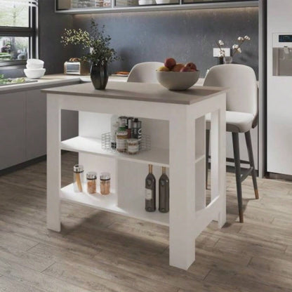 Taupe and White Kitchen Island with Open Storage
