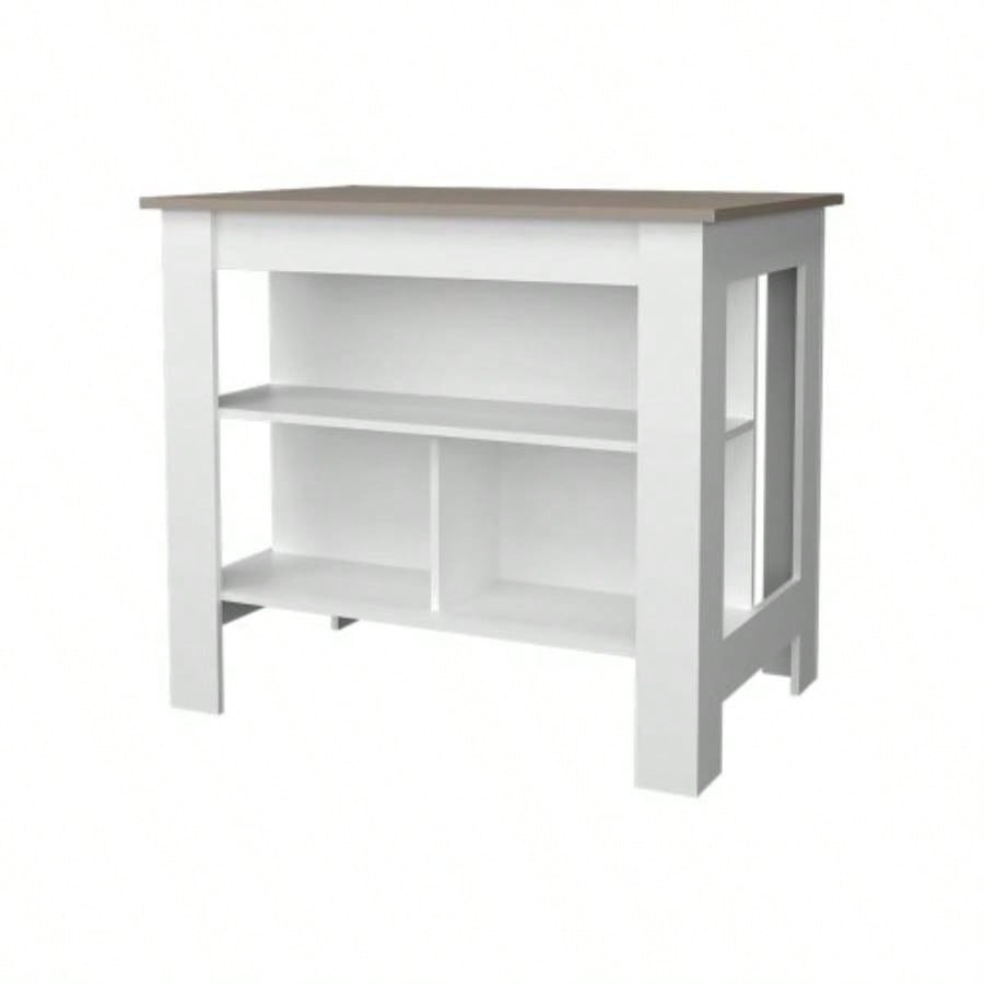 Taupe and White Kitchen Island with Open Storage