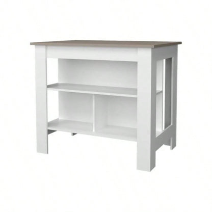 Taupe and White Kitchen Island with Open Storage