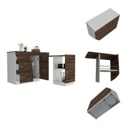 Laurel 3 - Drawer L - Shaped Convertible Kitchen Island White and Dark Walnut