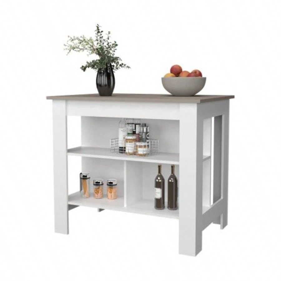 Taupe and White Kitchen Island with Open Storage