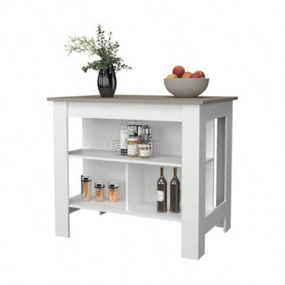 Taupe and White Kitchen Island with Open Storage