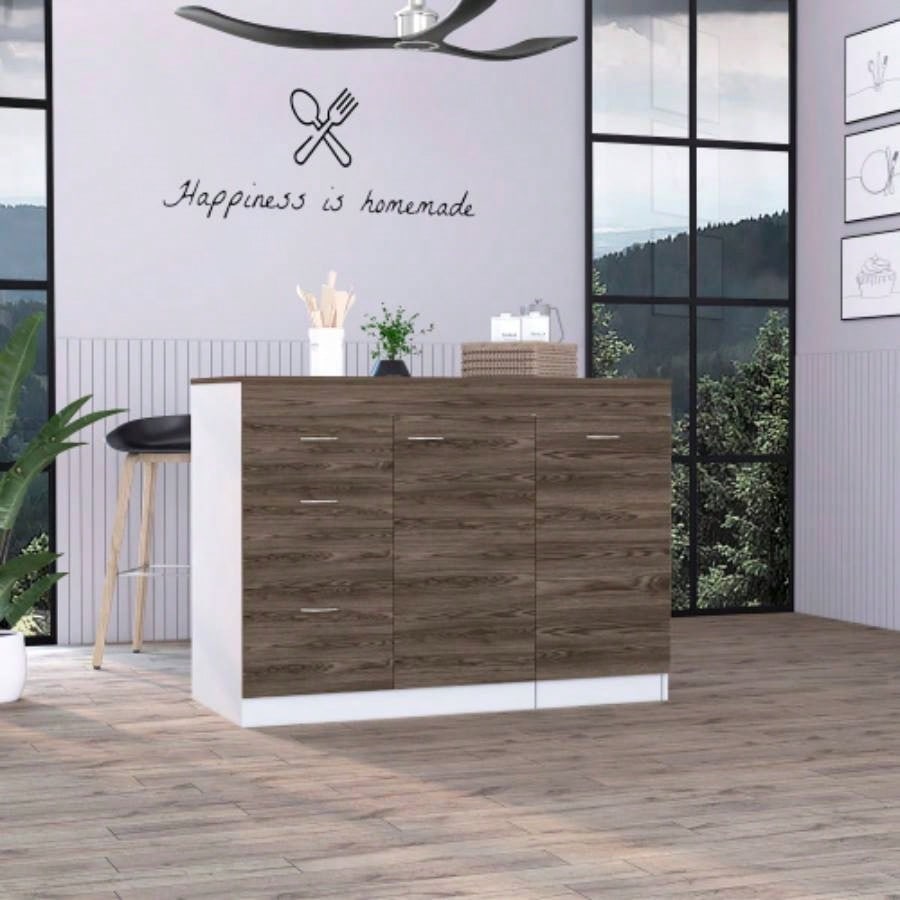 Laurel 3 - Drawer L - Shaped Convertible Kitchen Island White and Dark Walnut