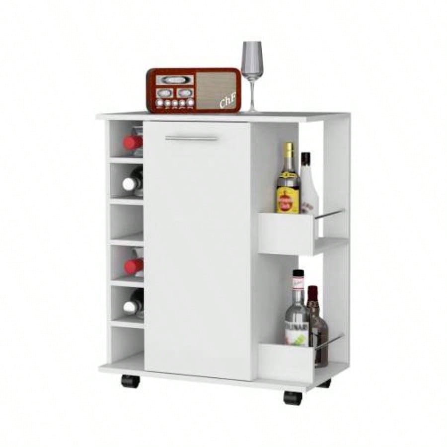 Woodland Bar Cart with Casters, Wine Rack and Open Shelf White