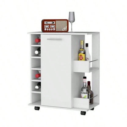 Woodland Bar Cart with Casters, Wine Rack and Open Shelf White