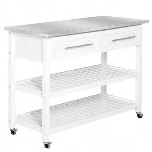 HOMCOM Kitchen Island with Stainless Steel Top, Open Shelves, and Drawers, Gray