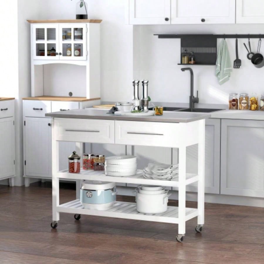 HOMCOM Kitchen Island with Stainless Steel Top, Open Shelves, and Drawers, Gray