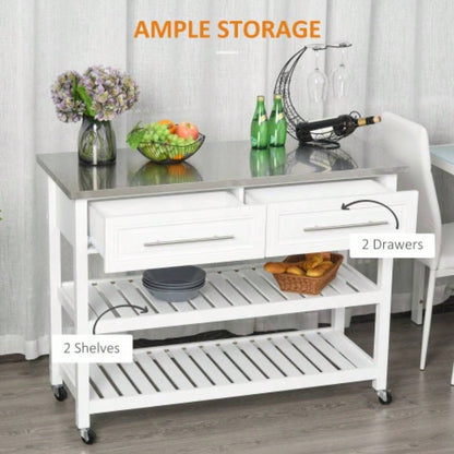 HOMCOM Kitchen Island with Stainless Steel Top, Open Shelves, and Drawers, Gray