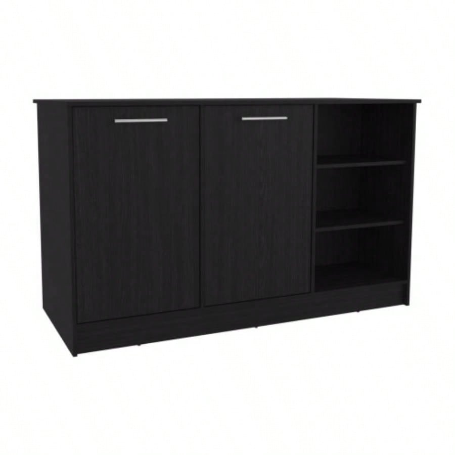 Ginger Kitchen Island, Three Open Shelves, Two Cabinets White/ Black