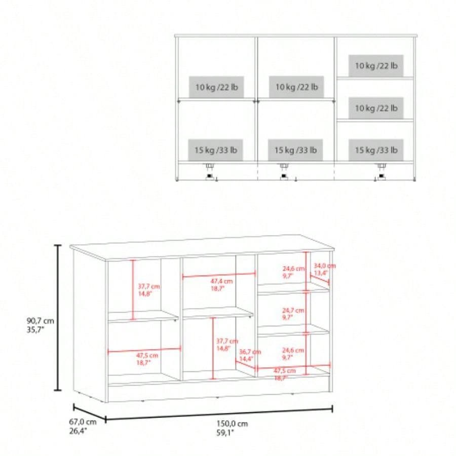 Ginger Kitchen Island, Three Open Shelves, Two Cabinets White/ Black