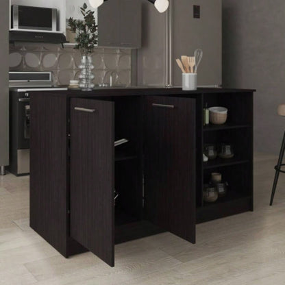 Ginger Kitchen Island, Three Open Shelves, Two Cabinets White/ Black