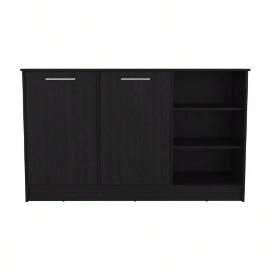 Ginger Kitchen Island, Three Open Shelves, Two Cabinets White/ Black