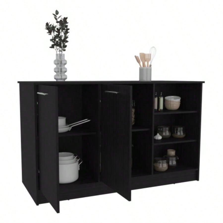 Ginger Kitchen Island, Three Open Shelves, Two Cabinets White/ Black