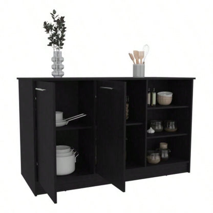 Ginger Kitchen Island, Three Open Shelves, Two Cabinets White/ Black