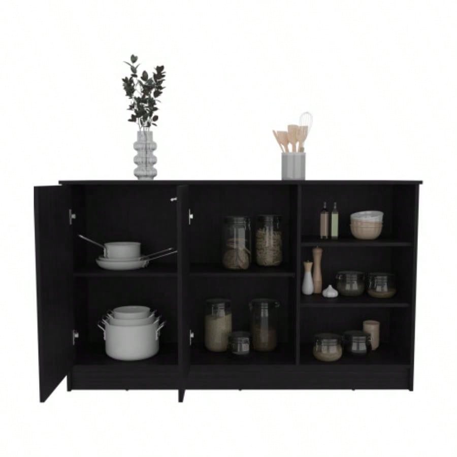 Ginger Kitchen Island, Three Open Shelves, Two Cabinets White/ Black