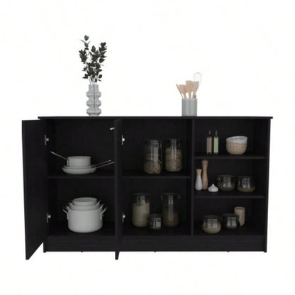 Ginger Kitchen Island, Three Open Shelves, Two Cabinets White/ Black