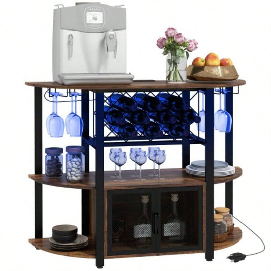 HOMCOM Wine Bar Cabinet with Charging Station and LED Lights, Industrial Liquor Cabinet Bar Stand Home with 10 - bottle Wine Rack, Glass Holders, Mesh Doors, and Open Shelves, Rustic Brown