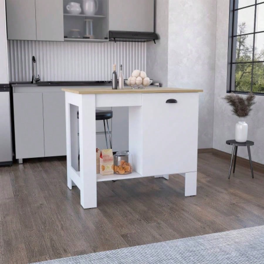 Atenea Kitchen Island, Single Door Cabinet, Shelf White/ Macadamia