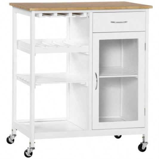 Rolling Kitchen Island with Storage, Kitchen Cart with 4 - bottle Wine Rack, Bar Cart with Stemware Holder, Shelves, Drawer and Cabinet, White