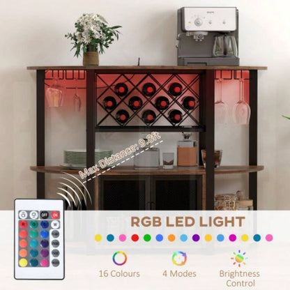HOMCOM Wine Bar Cabinet with Charging Station and LED Lights, Industrial Liquor Cabinet Bar Stand Home with 10 - bottle Wine Rack, Glass Holders, Mesh Doors, and Open Shelves, Rustic Brown