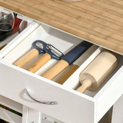 Rolling Kitchen Island with Storage, Kitchen Cart with 4 - bottle Wine Rack, Bar Cart with Stemware Holder, Shelves, Drawer and Cabinet, White