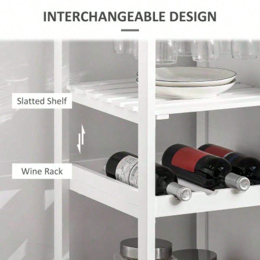 Rolling Kitchen Island with Storage, Kitchen Cart with 4 - bottle Wine Rack, Bar Cart with Stemware Holder, Shelves, Drawer and Cabinet, White
