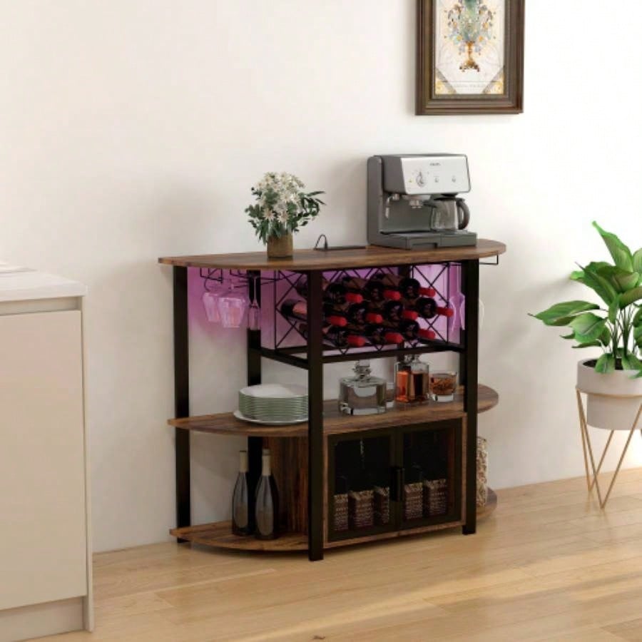 HOMCOM Wine Bar Cabinet with Charging Station and LED Lights, Industrial Liquor Cabinet Bar Stand Home with 10 - bottle Wine Rack, Glass Holders, Mesh Doors, and Open Shelves, Rustic Brown