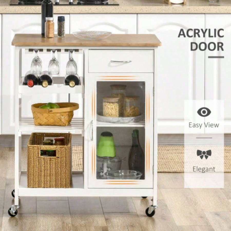Rolling Kitchen Island with Storage, Kitchen Cart with 4 - bottle Wine Rack, Bar Cart with Stemware Holder, Shelves, Drawer and Cabinet, White