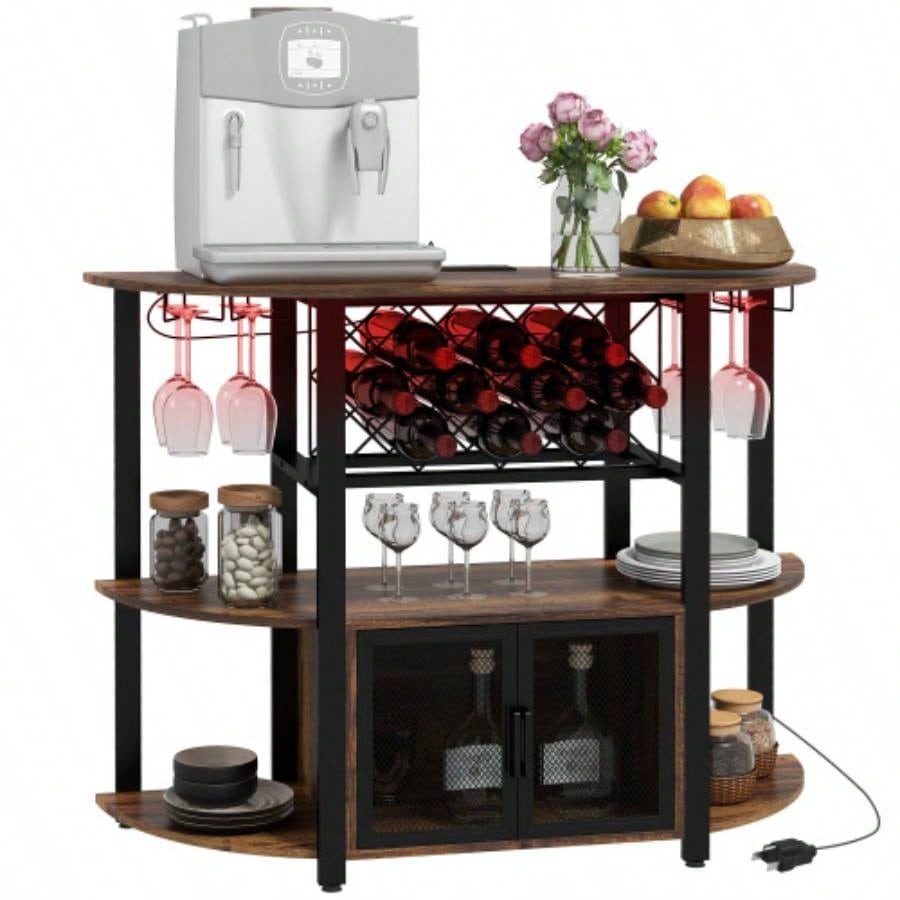HOMCOM Wine Bar Cabinet with Charging Station and LED Lights, Industrial Liquor Cabinet Bar Stand Home with 10 - bottle Wine Rack, Glass Holders, Mesh Doors, and Open Shelves, Rustic Brown