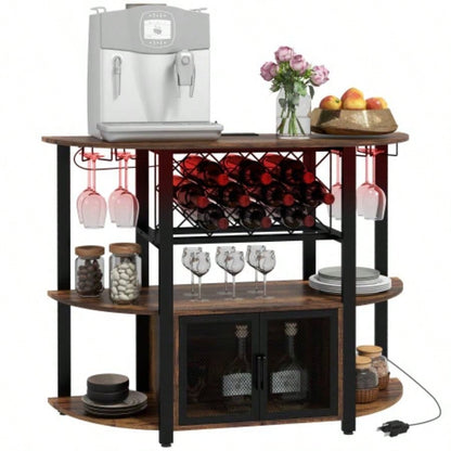 HOMCOM Wine Bar Cabinet with Charging Station and LED Lights, Industrial Liquor Cabinet Bar Stand Home with 10 - bottle Wine Rack, Glass Holders, Mesh Doors, and Open Shelves, Rustic Brown