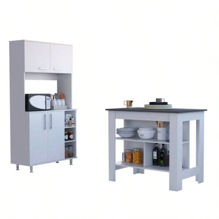 White and Onyx 2 - Piece Kitchen Set, Kitchen Island and Pantry Cabinet