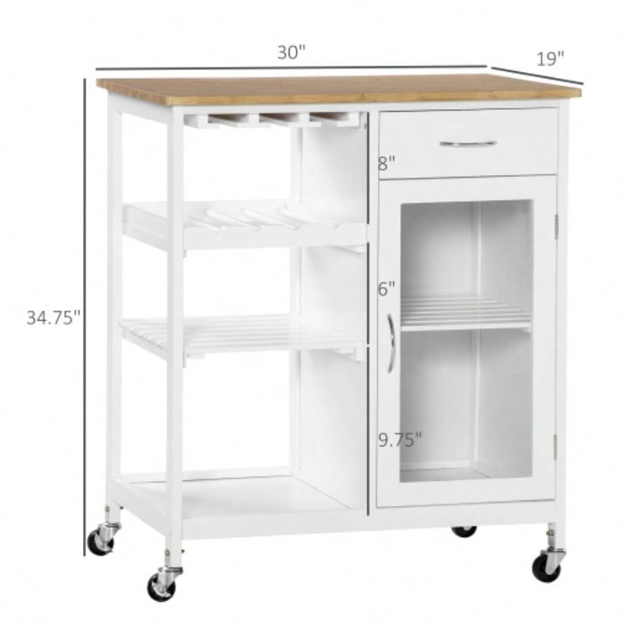 Rolling Kitchen Island with Storage, Kitchen Cart with 4 - bottle Wine Rack, Bar Cart with Stemware Holder, Shelves, Drawer and Cabinet, White