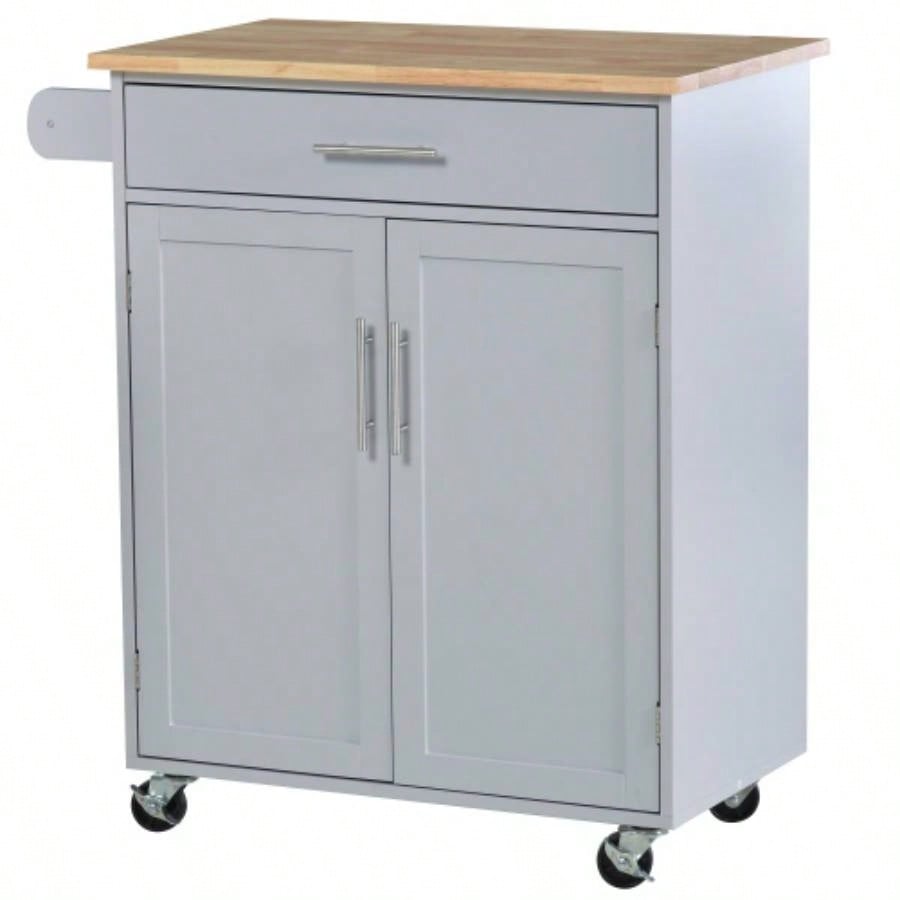 HOMCOM Kitchen Island Cart Rolling Trolley Cart with Drawer, Storage Cabinet Towel Rack, Gray