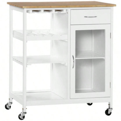 Rolling Kitchen Island with Storage, Kitchen Cart with 4 - bottle Wine Rack, Bar Cart with Stemware Holder, Shelves, Drawer and Cabinet, White