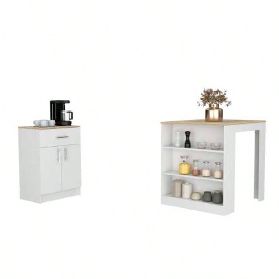2 Piece Kitchen Set, Kitchen Island Table+ Pantry Cabinet, White/ Light Oak