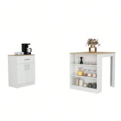 2 Piece Kitchen Set, Kitchen Island Table+ Pantry Cabinet, White/ Light Oak