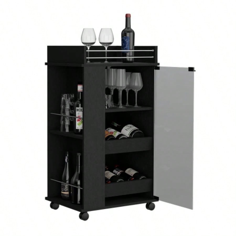 Bar Cart with Two - Side Shelves, Glass Door and Upper Surface, Black Wengue
