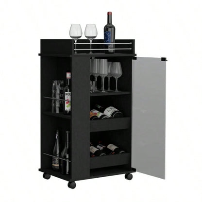Bar Cart with Two - Side Shelves, Glass Door and Upper Surface, Black Wengue