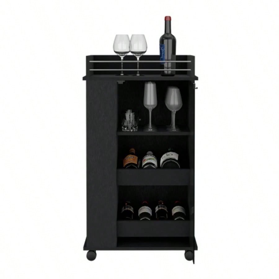 Bar Cart with Two - Side Shelves, Glass Door and Upper Surface, Black Wengue