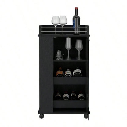 Bar Cart with Two - Side Shelves, Glass Door and Upper Surface, Black Wengue
